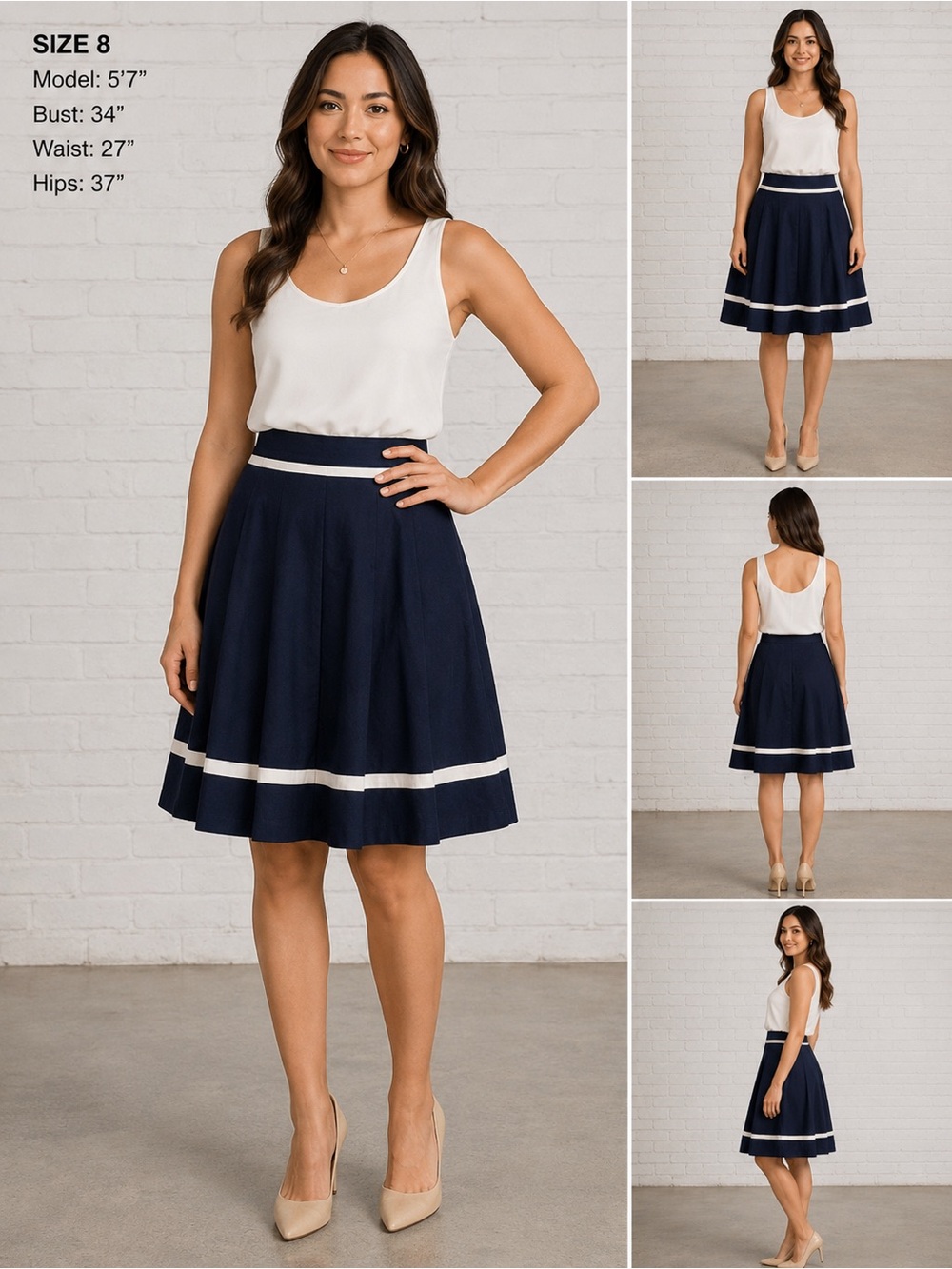 Jones Wear Navy Blue White Ribbon Trim A-Line Skirt 8
